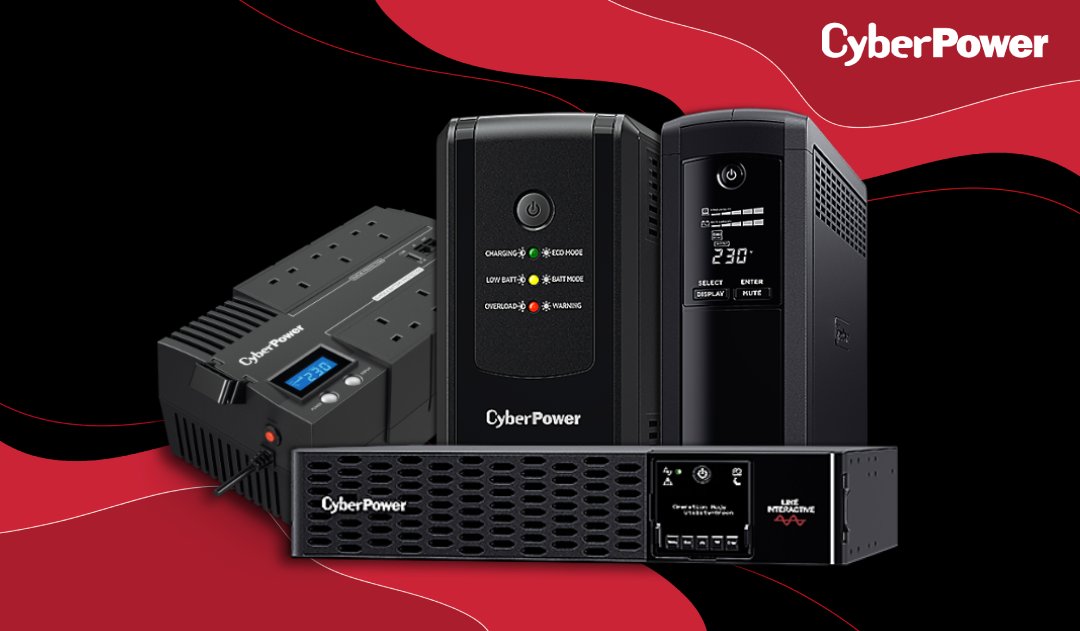 Promotional image featuring various uninterruptible power supply units by CyberPower displayed against a red and black background.