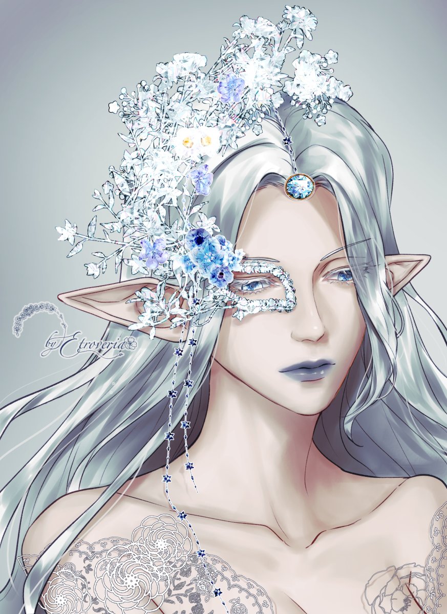 Fanart of Lady Iceheart/Ysayle from Final Fantasy XIV wearing a crystallized flowers mask decorated with ice colored flowers, dressed in simple laces.