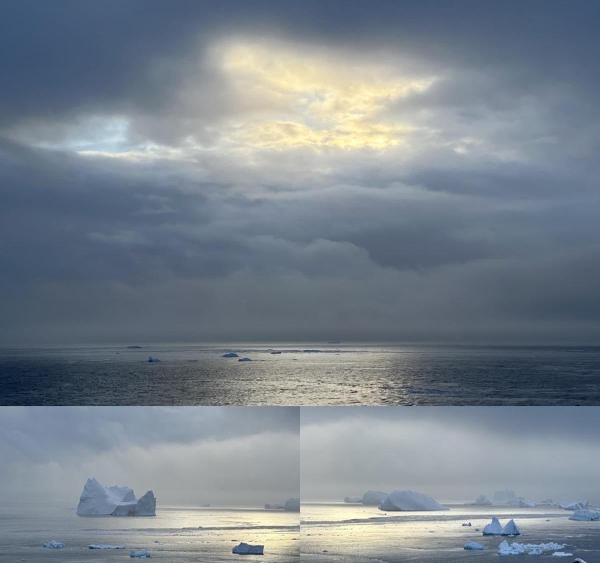 Ruhiges Meer mit sanftem Licht und weichem Horizont; darunter zwei kleine Wasseransichten, die den flüchtigen Moment ergänzen.