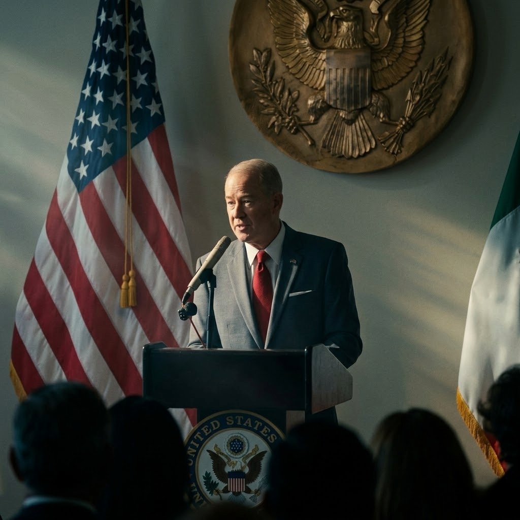 Funcionario de academia informando de estudiantes mexicanos a la NASA, en podium de Estados Unidos