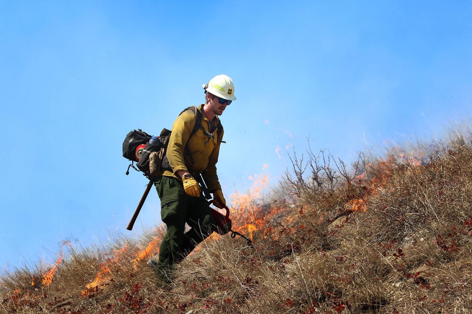 Star Valley Front Prescribed Fire, Wyoming. Photo from InciWeb. Wildland firefighter uses a drip torch in grass on a prescribed burn. 