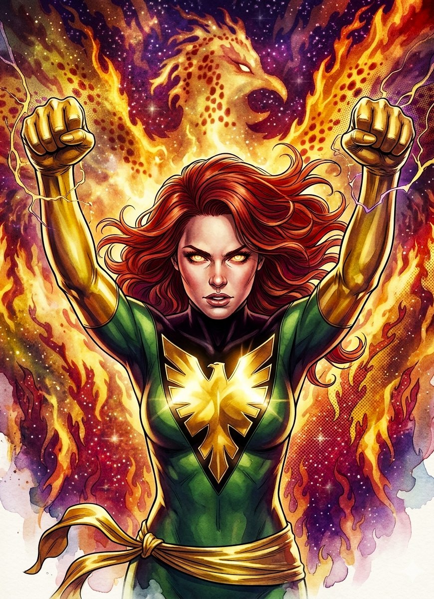 Jean Grey rises as Phoenix, engulfed in flames — glowing eyes, flowing red hair, iconic green suit, and a cosmic fire aura blazing in the shape of a phoenix.