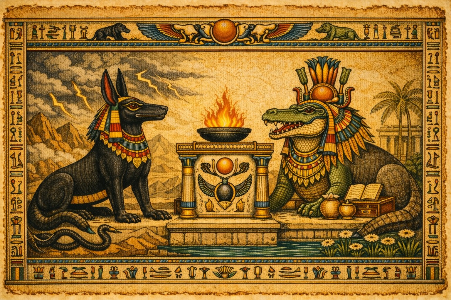 🔥 Twin Guardians — Between Flame and Revelation
A desert guardian and a crowned crocodile deity face one another across a sacred altar of fire.
Knowledge becomes peace when power kneels before meaning.
Made with ChatGPT.