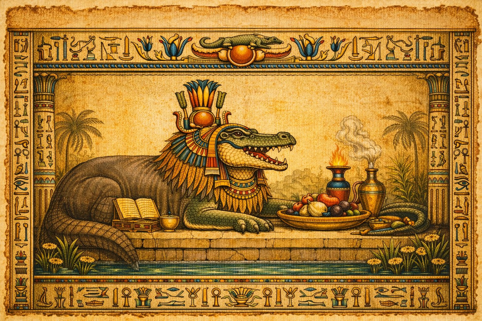 🐊 Sobek Enthroned — Keeper of Sacred Abundance
A crowned crocodile god rests beside offerings, vessels, and an open book at the water’s edge.
Even the oldest wisdom still breathes through the river of the world.
Made with ChatGPT.