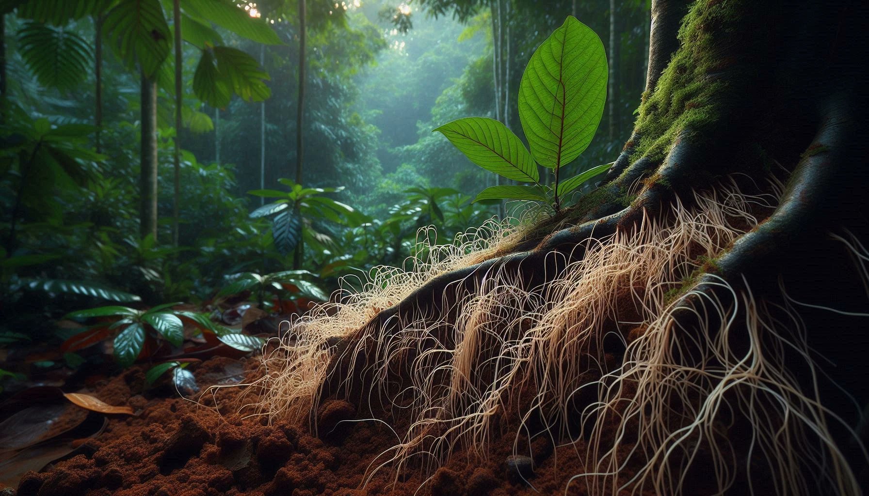 Close-up of a young kratom plant with green leaves growing from a tree base, its extensive light-coloured roots intertwined with mycorrhizal fungi in rich forest soil, illustrating their symbiotic underground relationship