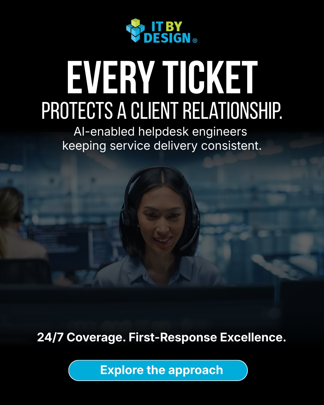 Every Ticket  Protects a Client Relationship.   AI-enabled helpdesk engineers  keeping service delivery consistent.   24/7 Coverage. First-Response Excellence.   Explore the approach. 
