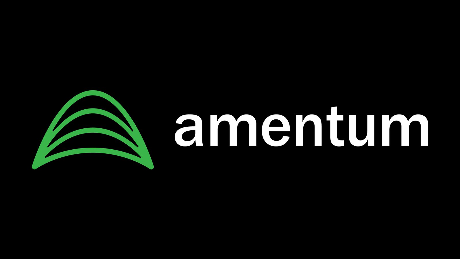 Green abstract arch logo next to the word 'amentum' in white on a black background.