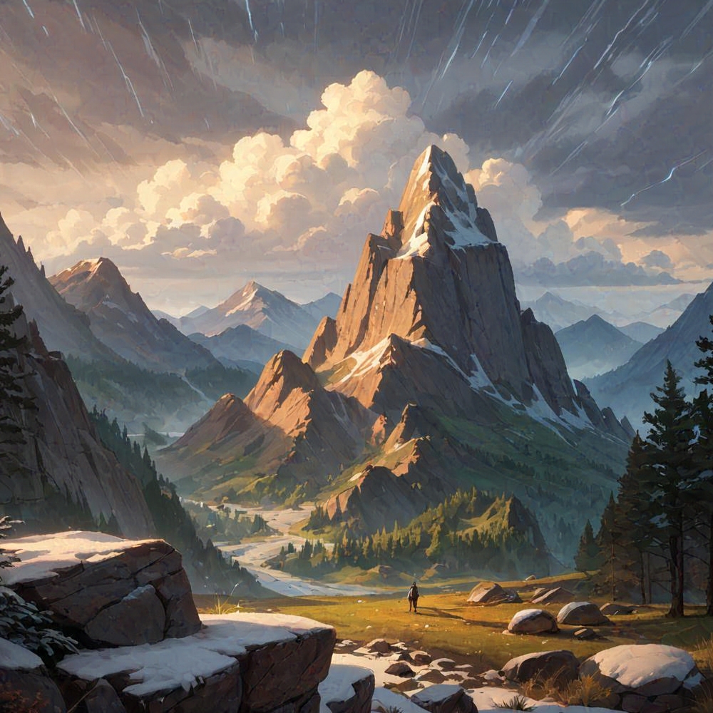 background_art mountains snowcapped boulder storm valley