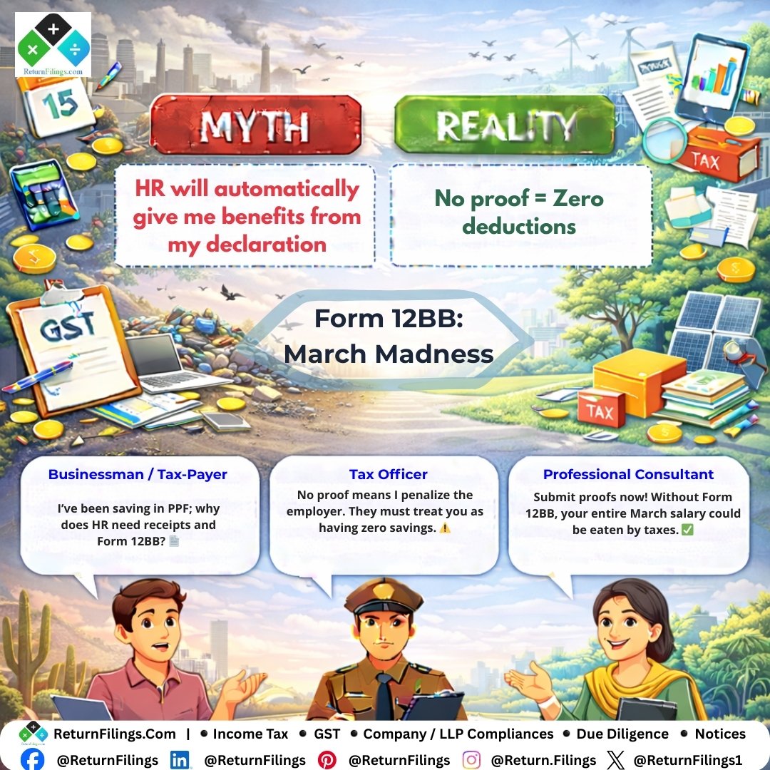 Image shared by ReturnFilings.Com it contains Is your March salary about to disappear? 💸😱 Don't let a missing Form 12BB be the reason!

The Myth: "I already told HR I’m investing, so I'm covered."
The Reality: Declarations are just promises. In March, the Tax Dept demands PROOF. 🧾✨

If you don't submit your investment receipts:
1️⃣ Your employer will ignore your 80C, HRA, and LTA claims. 🚫
2️⃣ You’ll face a heavy TDS "punch" in your final paycheck. 🥊
3️⃣ You'll have to wait until next year to claim a refund! ⏳

Action Plan: Gather your LIC, PPF, and Rent receipts tonight. Fill out Form 12BB and hit 'Submit' before the portal closes! 🛠️✅

#ReturnFiling #Returnfilings #TaxSeason #SalariedClass #Form12BB #TaxHacks #MoneyMatters #InvestmentProof