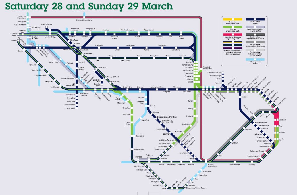 Map showing railway on Saturday 28 and Sunday 29 March.' Key indicates Southeastern routes, high-speed lines, and engineering work schedules for those dates.