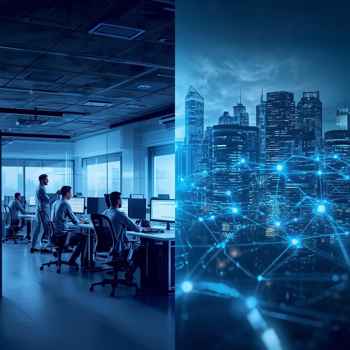 A split image depicting a modern, well-equipped corporate IT department on one side, with employees collaborating around sleek workstations and servers, symbolizing "In-House IT." On the other side, a more abstract representation of a remote team managing systems, perhaps with glowing network lines connecting to a cityscape, representing a "Managed IT Provider," all rendered in a professional, clean, and slightly futuristic digital art style with a color palette of blues, grays, and white.