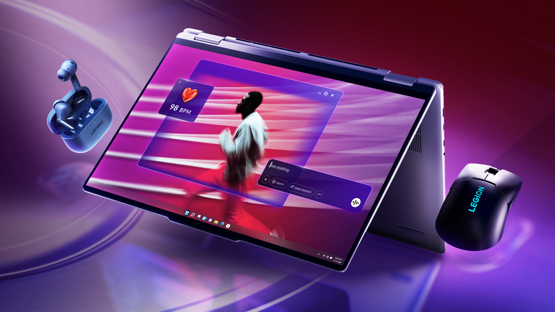 Graphic featuring a Lenovo laptop, mouse and heaphones