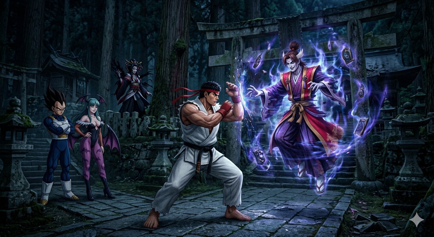 A wide-angle illustration depicts a mystical crossover battle within a dimly lit, ancient Japanese shrine at night. Ancient trees and stone torii gates frame the scene. On the right, floating and surrounded by powerful purple and blue magical energy, is the sorcerer Amakusa Shiro Tokisada in his purple and red robes. Facing him in a ready stance is Ryu, in his classic white gi, red headband, and boxing gloves, barefoot on the stone pavement.
Behind Ryu and to the left, standing together as observers, are Vegeta in his blue and white Saiyan armor with crossed arms, and Morrigan Aensland in her black leotard with bat wings spread. Further back in the shadows, floating behind low barriers, is Mizuki Rashojin, appearing as a menacing dark-robed female figure. The entire scene is dark, moody, and full of mystical atmosphere.