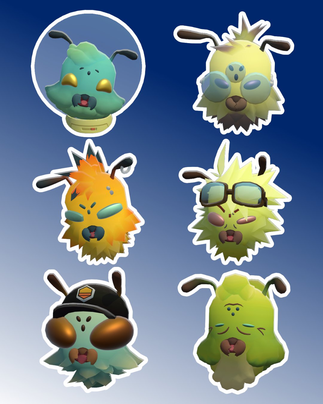 The faces of 6 sci-fi bee characters.