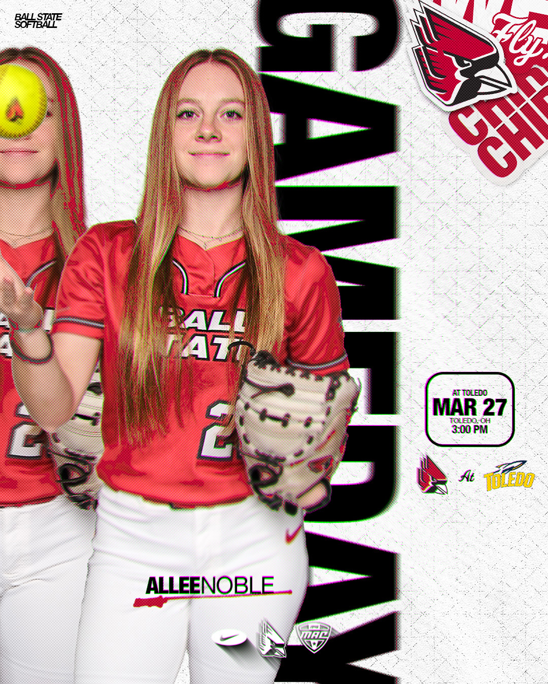 Ball State softball GameDay graphic for March 27, 2026 vs. Toledo at 3 p.m. featuring Allee Noble