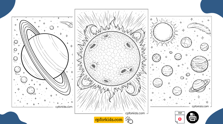 Solar system coloring pages preview featuring Saturn close-up, the sun with corona rays, and planets scattered in deep space