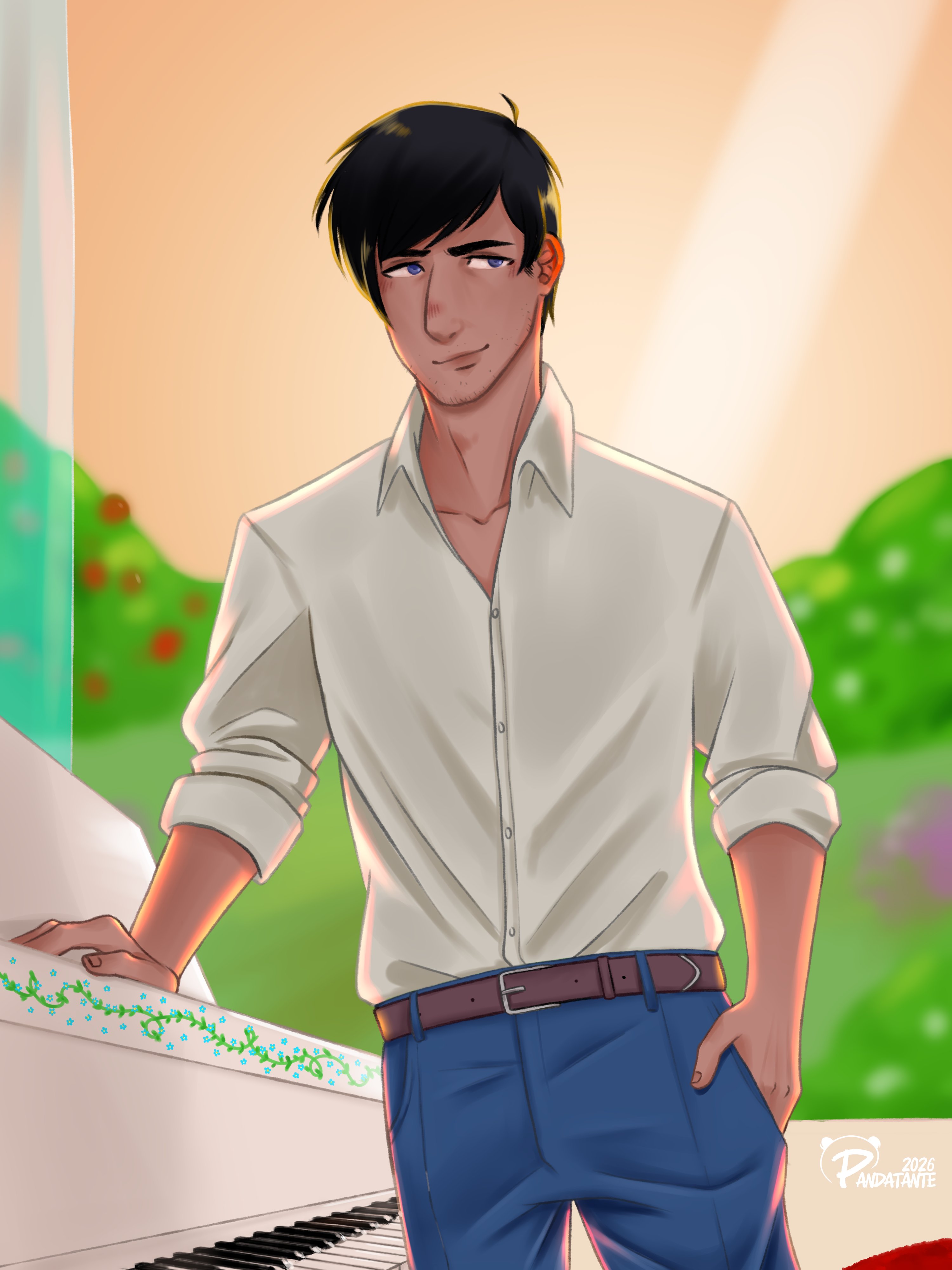Digital artwork of Wolfwood in a modern setting. He wears dark blue dress pants and a white button down. He's leans casually against a white piano, one hand in his pant's pocket. He's looking to the side with a kind smile. The piano is painted with a vine of forgetmenots. The background shows a big window with a view of a blooming, vibrant green garden. The sky is the buttery yellow with a tint of pink of the afternoon sun, setting the scene in a cozy, romantic light. This is the view of a student ot his teacher, full of adoration.