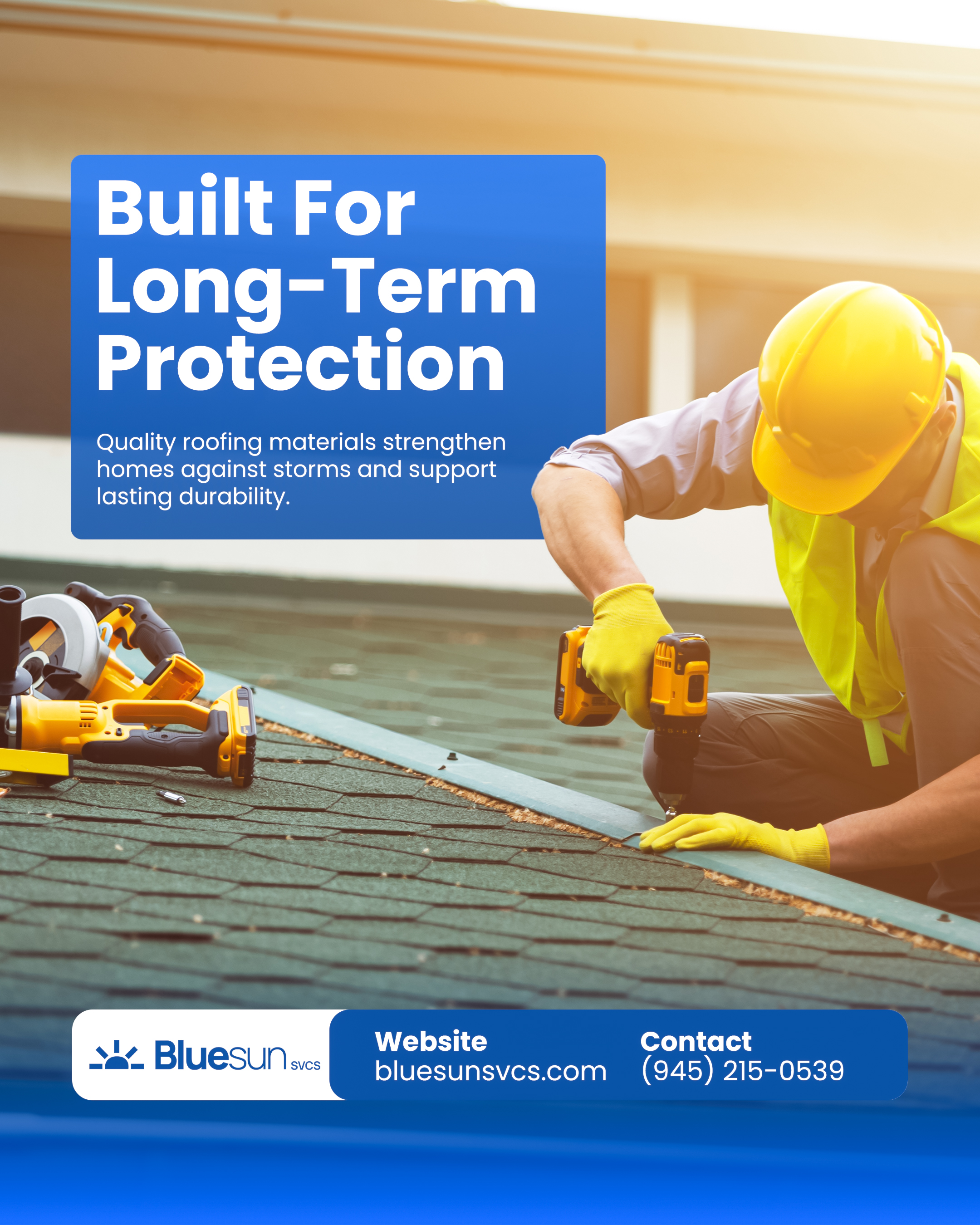 A roofing professional in a yellow safety vest and hard hat using a power drill to carefully secure shingles on a residential roof.