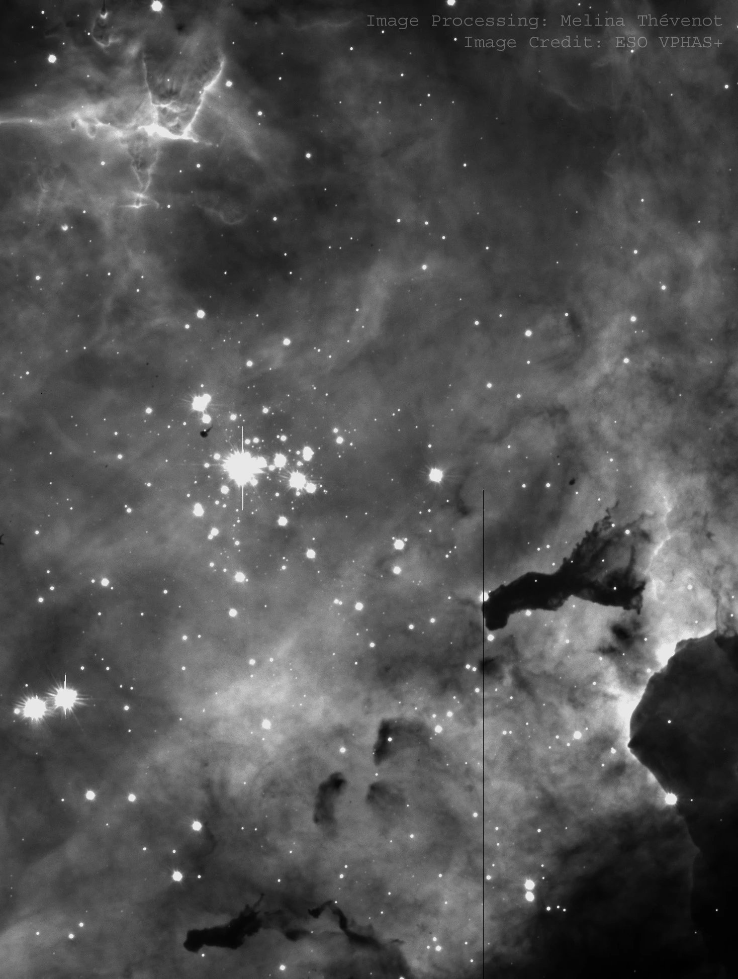 gray-scale image of the star-cluster and some dark and bright clouds around it.