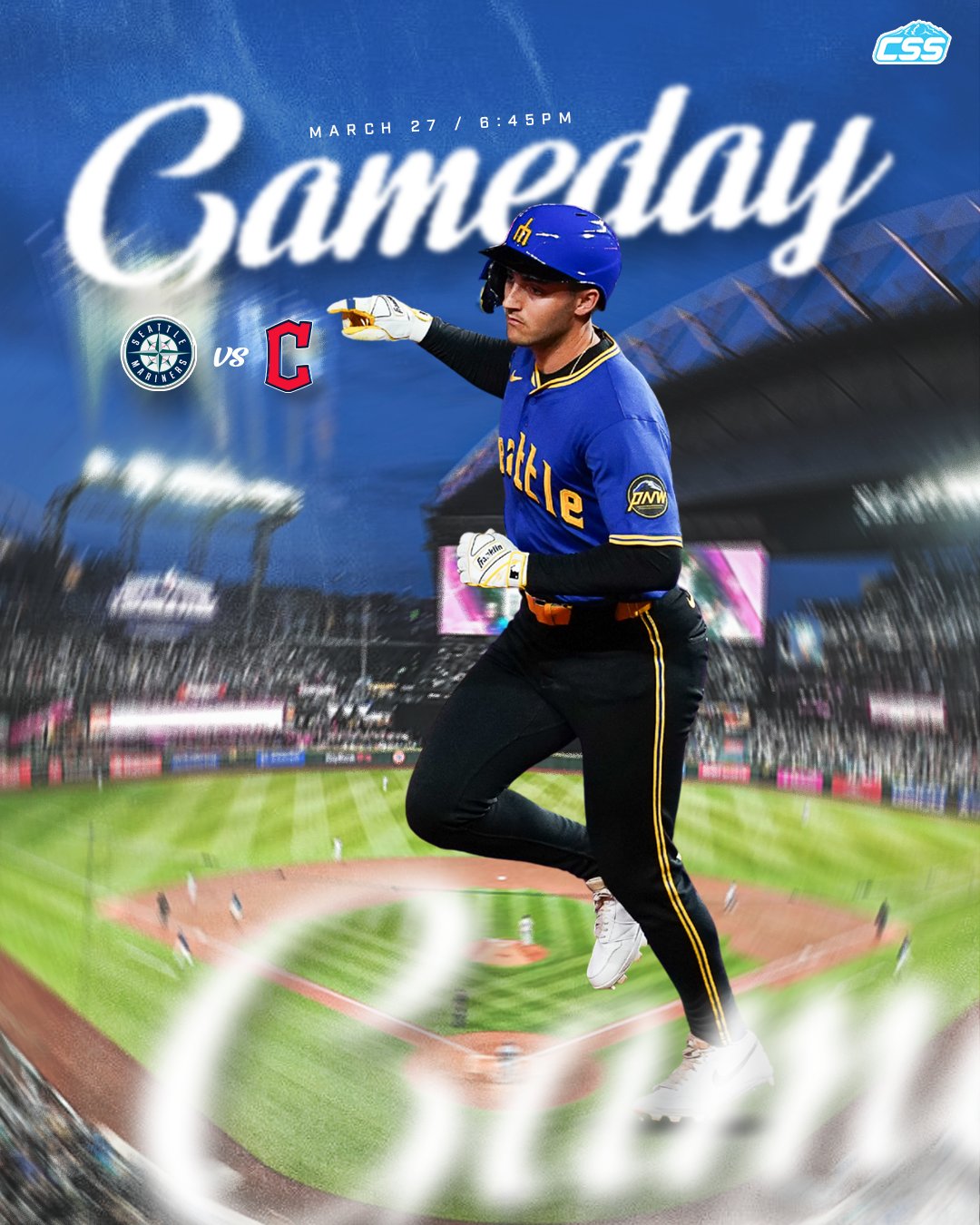 Dominic Canzone in his City Connect Seattle uniform rounding the bases after a home run with a blurred T-Mobile Park background. "Gameday" text above, with team logos and date details.
