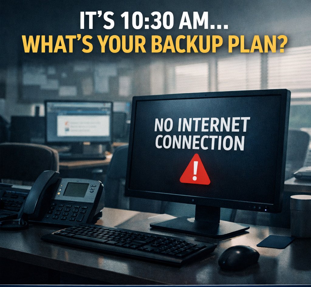 Office setting where computers and phones are inactive, representing a business experiencing an internet outage and operational downtime.