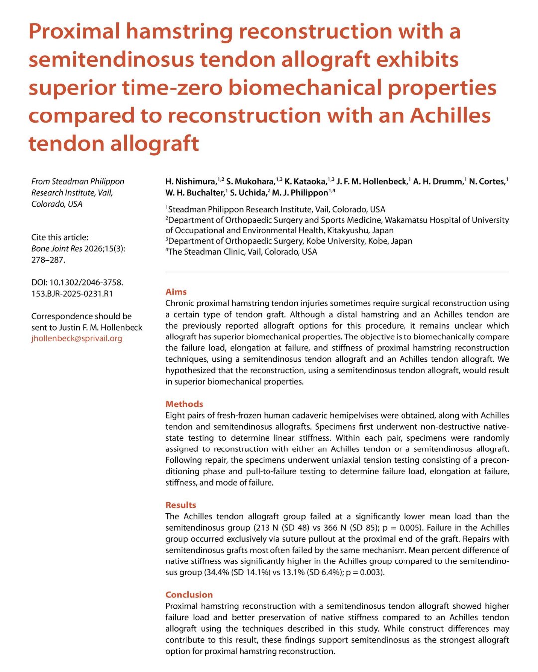 Research on biomechanical properties between semitendinosus and Achilles tendon allografts in proximal hamstring reconstruction.