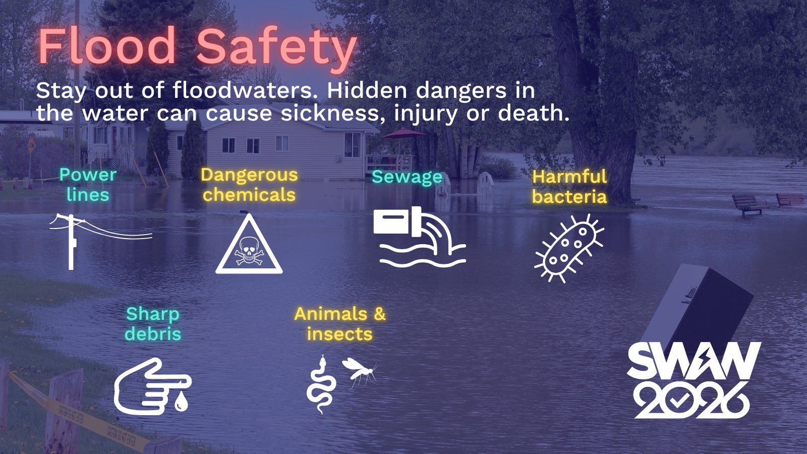 Flood Safety - SWAW 2026.
Always stay out of floodwater. Floodwater can contain dangerous chemicals, sewage, harmful bacteria, sharp debris, animals/insects, and fallen power lines that put you at risk of disease and injury.