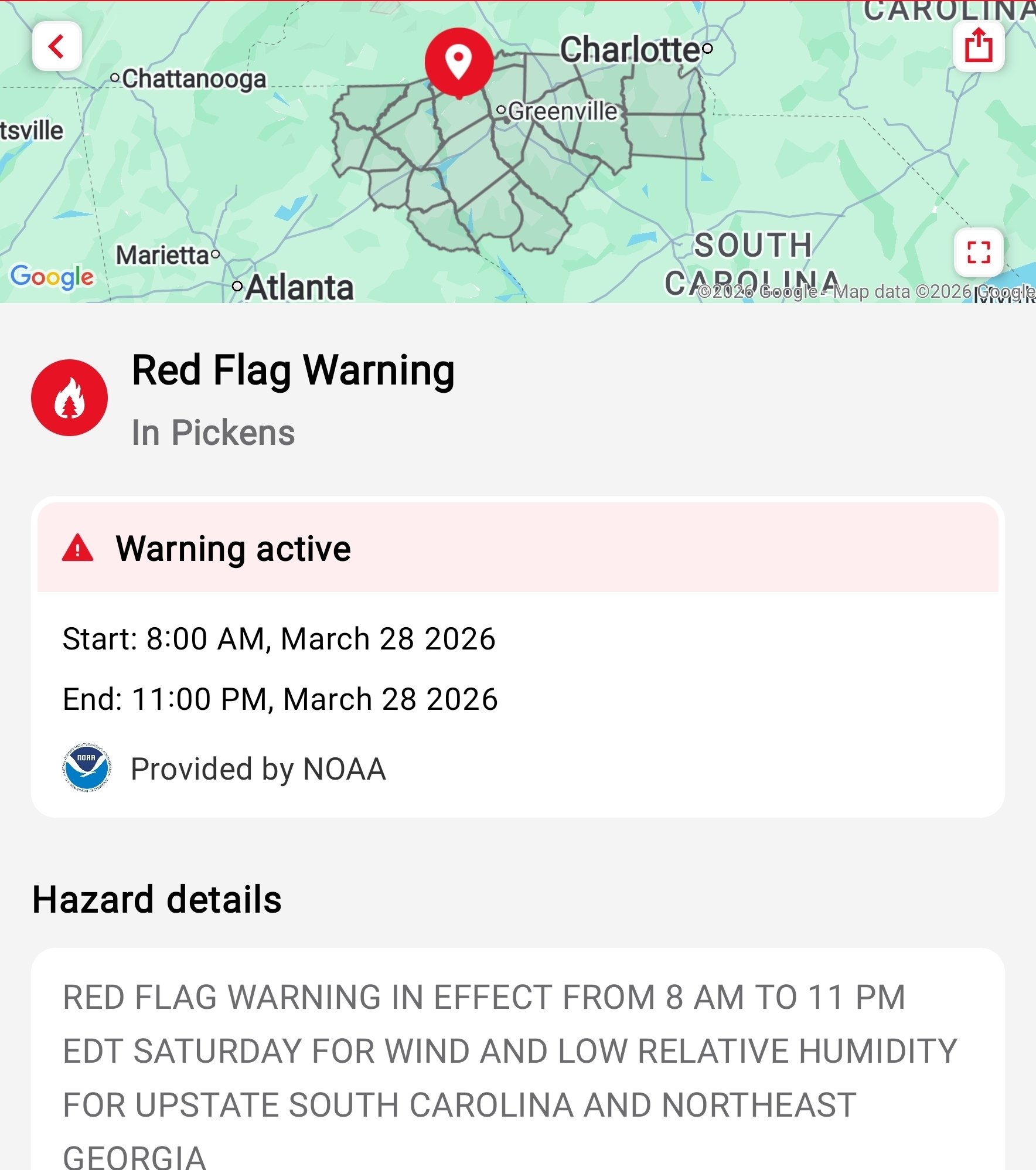 #RedFlag warnings are up across Georgia #gawx South Carolina #scwx &  North Carolina #ncwx
FYI screenshots are from @RedCross "Emergency!" app on #android 
