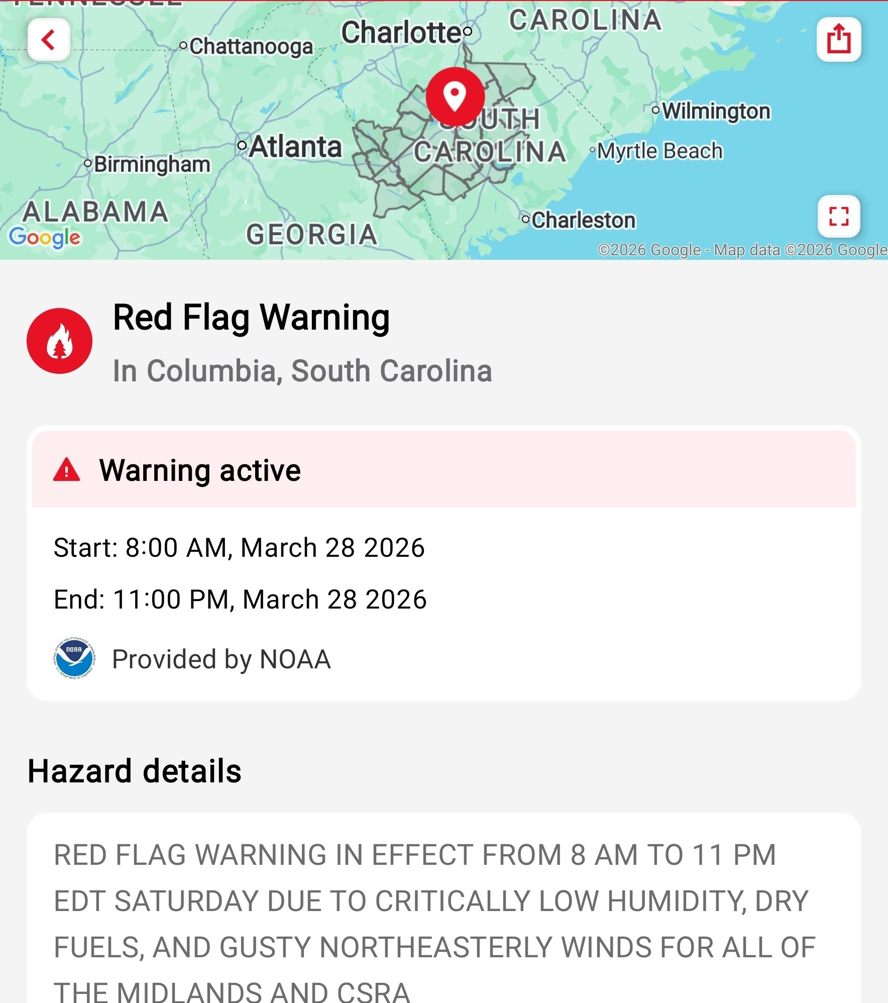 #RedFlag warnings are up across Georgia #gawx South Carolina #scwx &  North Carolina #ncwx
FYI screenshots are from @RedCross "Emergency!" app on #android 
