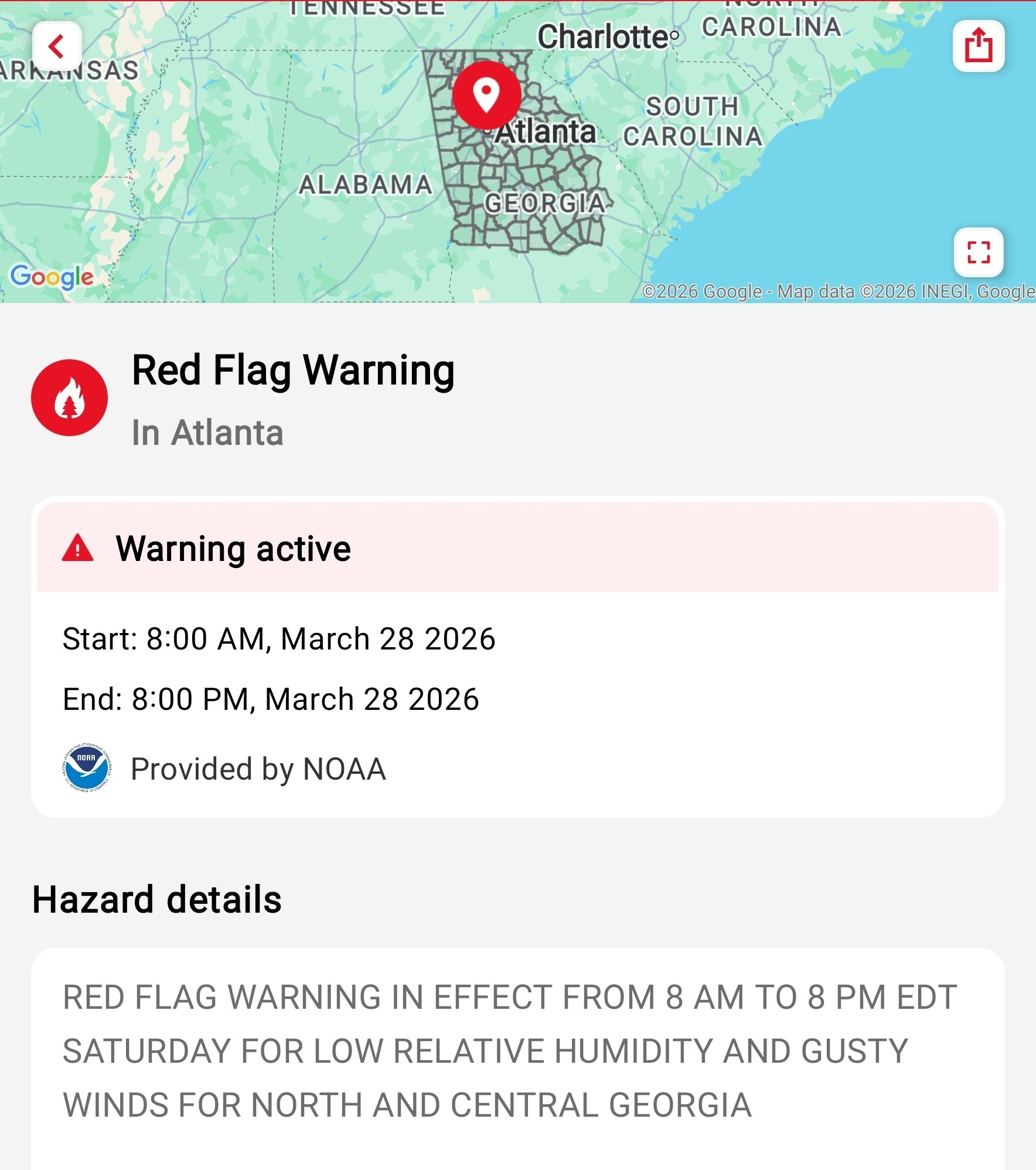 #RedFlag warnings are up across Georgia #gawx South Carolina #scwx &  North Carolina #ncwx
FYI screenshots are from @RedCross "Emergency!" app on #android 
