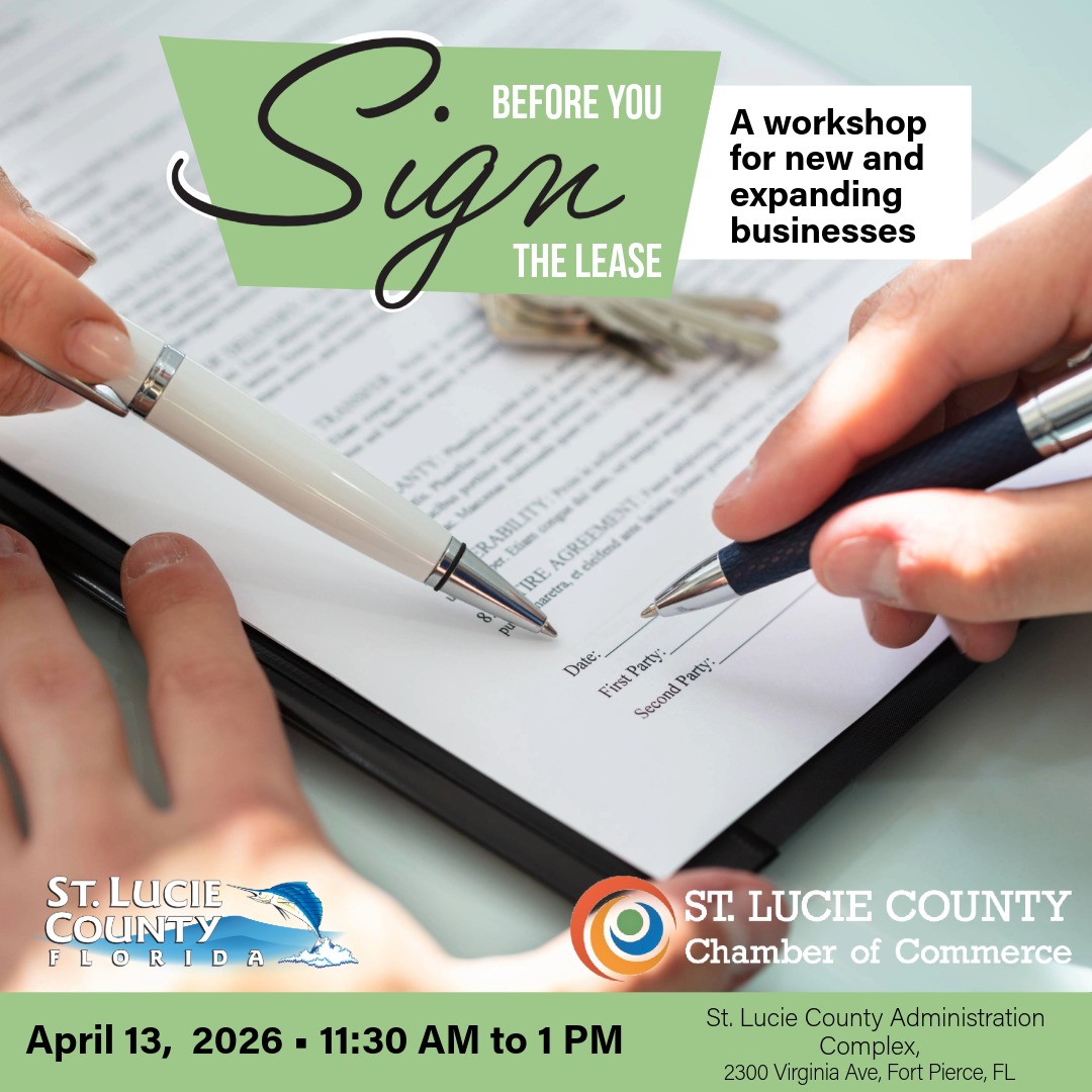 Two people reviewing and preparing to sign a lease agreement document with pens in hand, promoting a workshop for new businesses.