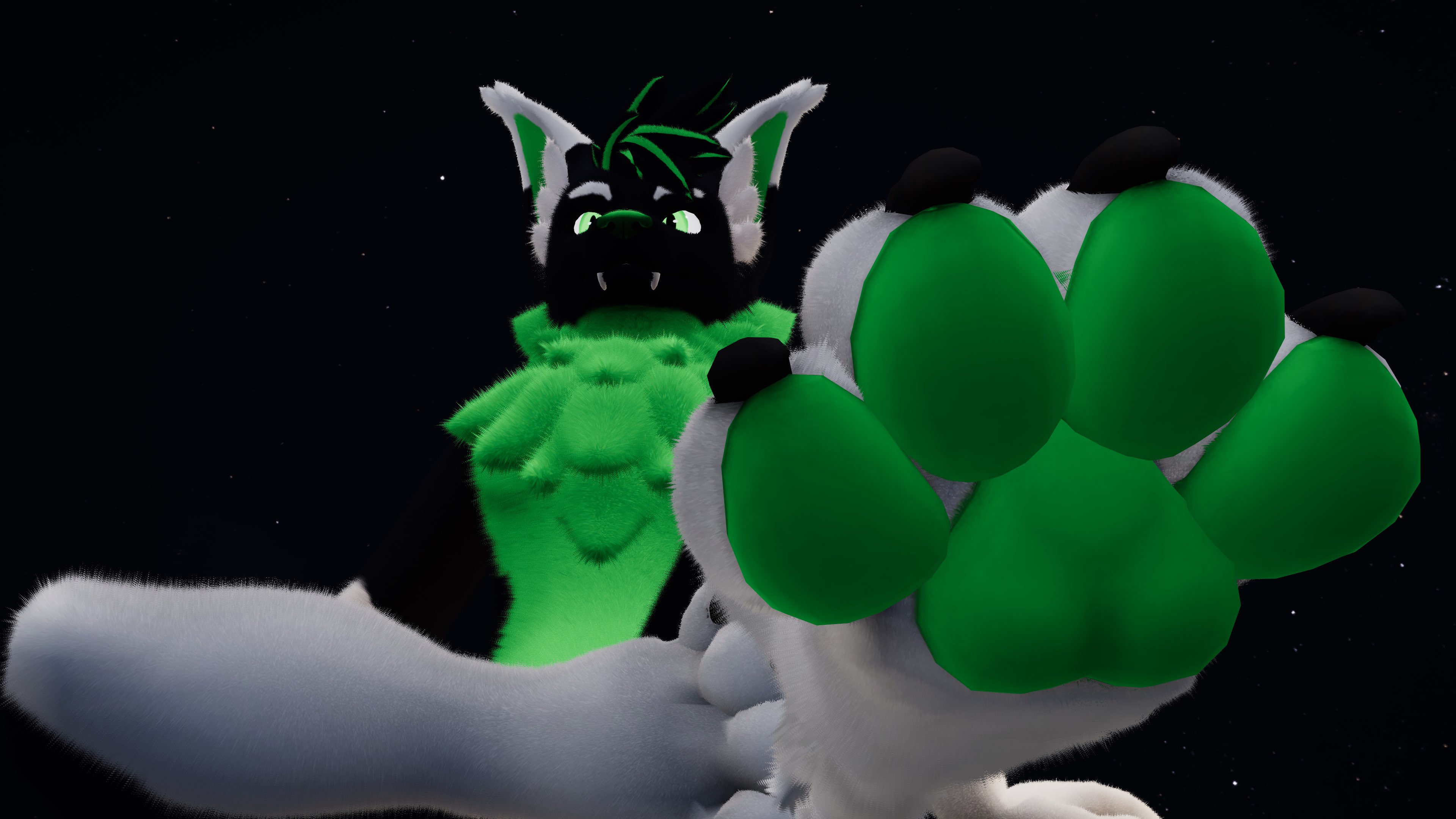 Macro black and green fox showing off his green paw pads