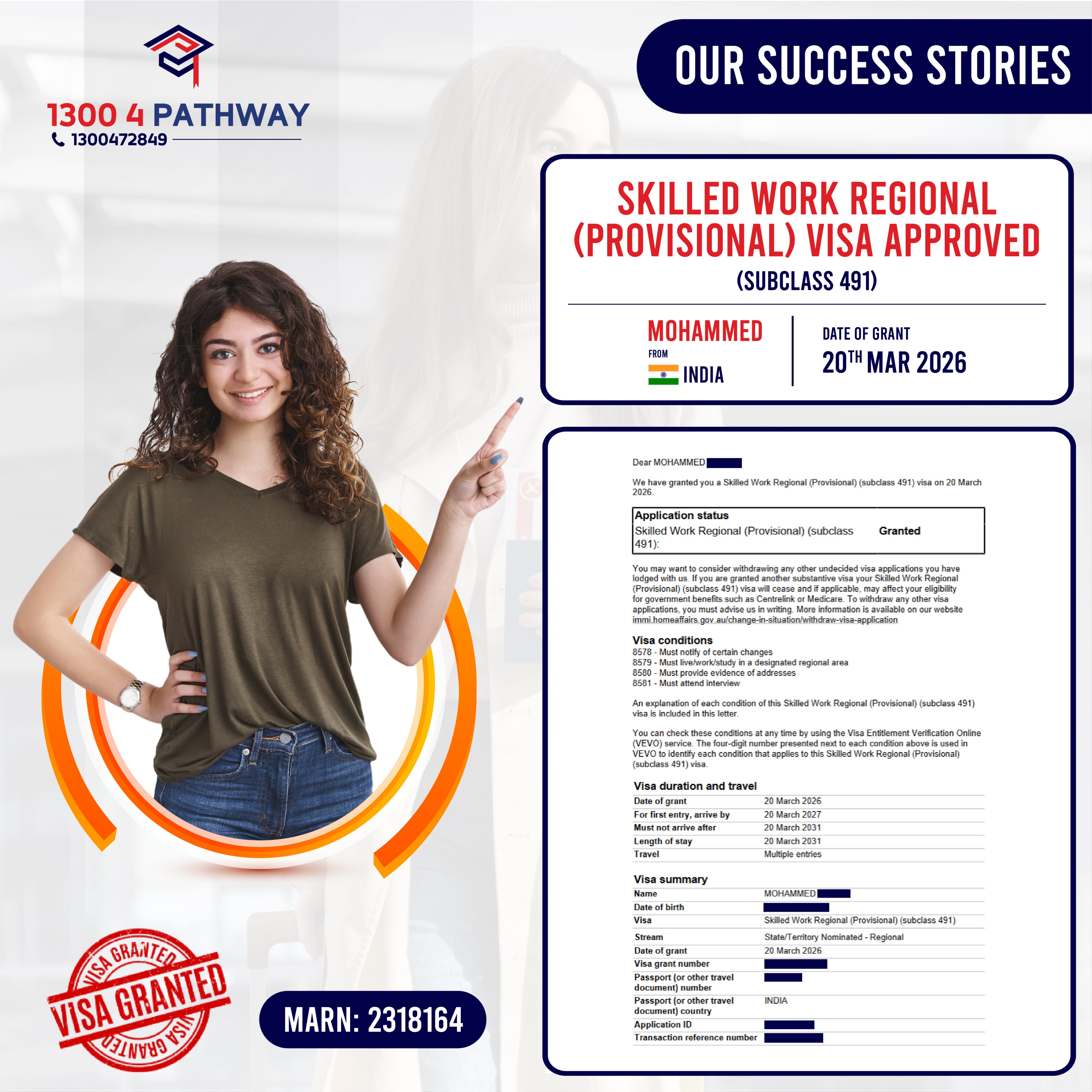 👨‍🎓 Celebrating Mohammed's Visa Success Story!

🎉🎊 Heartfelt congratulations to Mohammed from India on the successful grant of Skilled work regional provisional visa (Subclass 491) on March 20, 2026 visa grant.

🌐 For those dreaming of a successful visa journey, talk to our friendly consultants now!
📞 Call us at 𝟏𝟑𝟎𝟎𝟒𝟕𝟐𝟖𝟒𝟗.

📆 Book an Appointment for a Consultation: https://www.pathwayeducation.com.au/book-appointment/

☎ Call us at 𝟎𝟑𝟗𝟎𝟎𝟖𝟔𝟑𝟖𝟎 or +𝟔𝟏 𝟒𝟎𝟎𝟎𝟗𝟎𝟕𝟗𝟖 
📧 inquiry@pathwayeducation.com.au
🌐 www.pathwayeducation.com.au
🏛 Suite 5-14, 365 Little Collins Street, VIC 3000
✅ MARN:2318164
🌟 Migration | Education

#visa #Successstories #skilledvisa #skilledprovisionalvisa #Workvisa #visagranted #subclass491 #VisaSuccess #EducationConsultation #MigrationServices #pathwayeducation #pathwayvisa