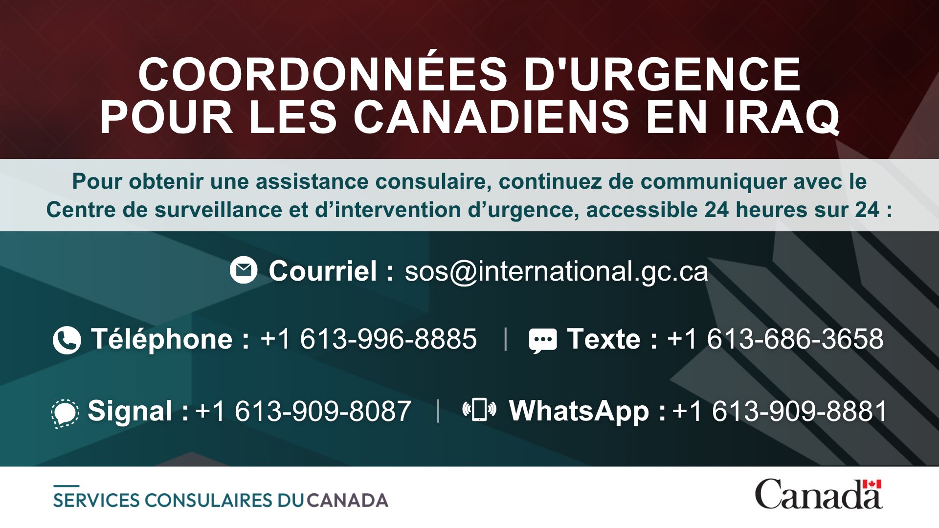 Graphique  avec fond rouge et vert . Titre : « Coordonnées d’urgence pour les Canadiens en Iraq ». Texte : « Pour obtenir une assistance consulaire, continuez de communiquer avec le Centre de surveillance et d’intervention d’urgence, accessible 24 heures sur 24 : ». Coordonnées : Courriel : sos@international.gc.ca. Téléphone : +1 613-996-8885. Texte : +1 613-686-3658. Signal : +1 613-909-8087. WhatsApp : +1 613-909-8881. Mention : « Services consulaires du Canada » avec le mot-symbole Canada.
