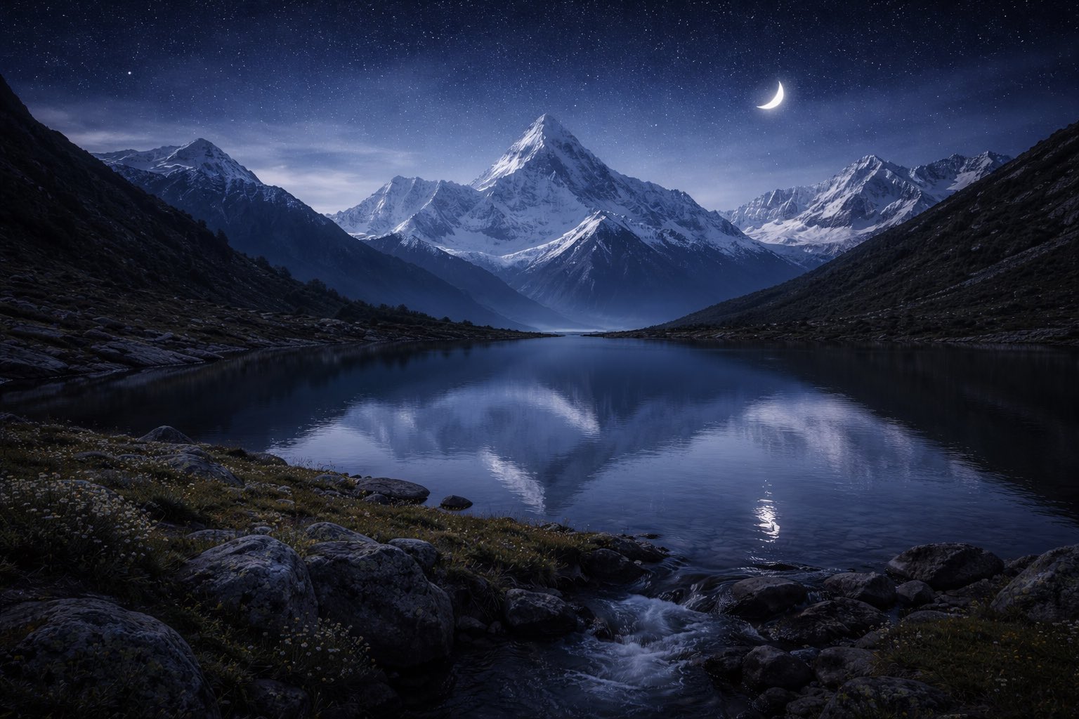 Klarer Bergsee im Himalaya bei Nacht, schneebedeckte Gipfel spiegeln sich im ruhigen Wasser unter einem sternenklaren Himmel.