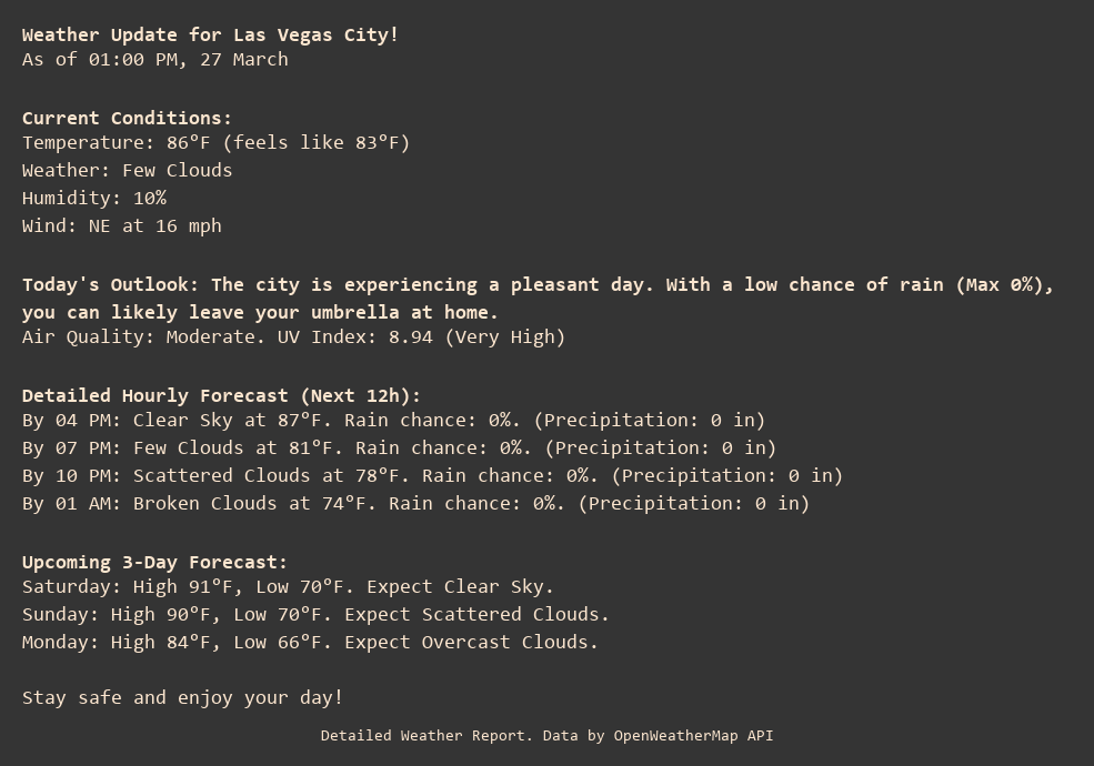 Weather Update for Las Vegas City!
As of 01:00 PM, 27 March

Current Conditions:
Temperature: 86°F (feels like 83°F)
Weather: Few Clouds
Humidity: 10%
Wind: NE at 16 mph

Today's Outlook: The city is experiencing a pleasant day. With a low chance of rain (Max 0%), you can likely leave your umbrella at home.
Air Quality: Moderate. UV Index: 8.94 (Very High)

Detailed Hourly Forecast (Next 12h):
By 04 PM: Clear Sky at 87°F. Rain chance: 0%. (Precipitation: 0 in)
By 07 PM: Few Clouds at 81°F. Rain chance: 0%. (Precipitation: 0 in)
By 10 PM: Scattered Clouds at 78°F. Rain chance: 0%. (Precipitation: 0 in)
By 01 AM: Broken Clouds at 74°F. Rain chance: 0%. (Precipitation: 0 in)

Upcoming 3-Day Forecast:
Saturday: High 91°F, Low 70°F. Expect Clear Sky.
Sunday: High 90°F, Low 70°F. Expect Scattered Clouds.
Monday: High 84°F, Low 66°F. Expect Overcast Clouds.

Stay safe and enjoy your day!