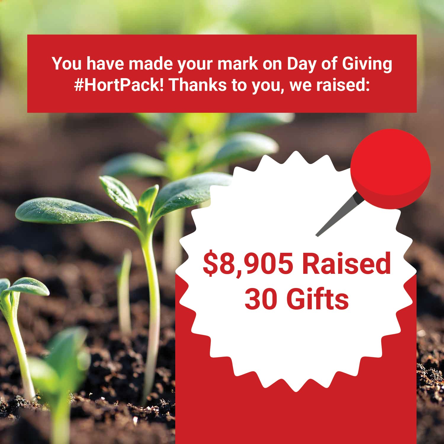 You have made your mark on Day of Giving #HortPack! Thanks to you, we raised $8,905 and 30 gifts.