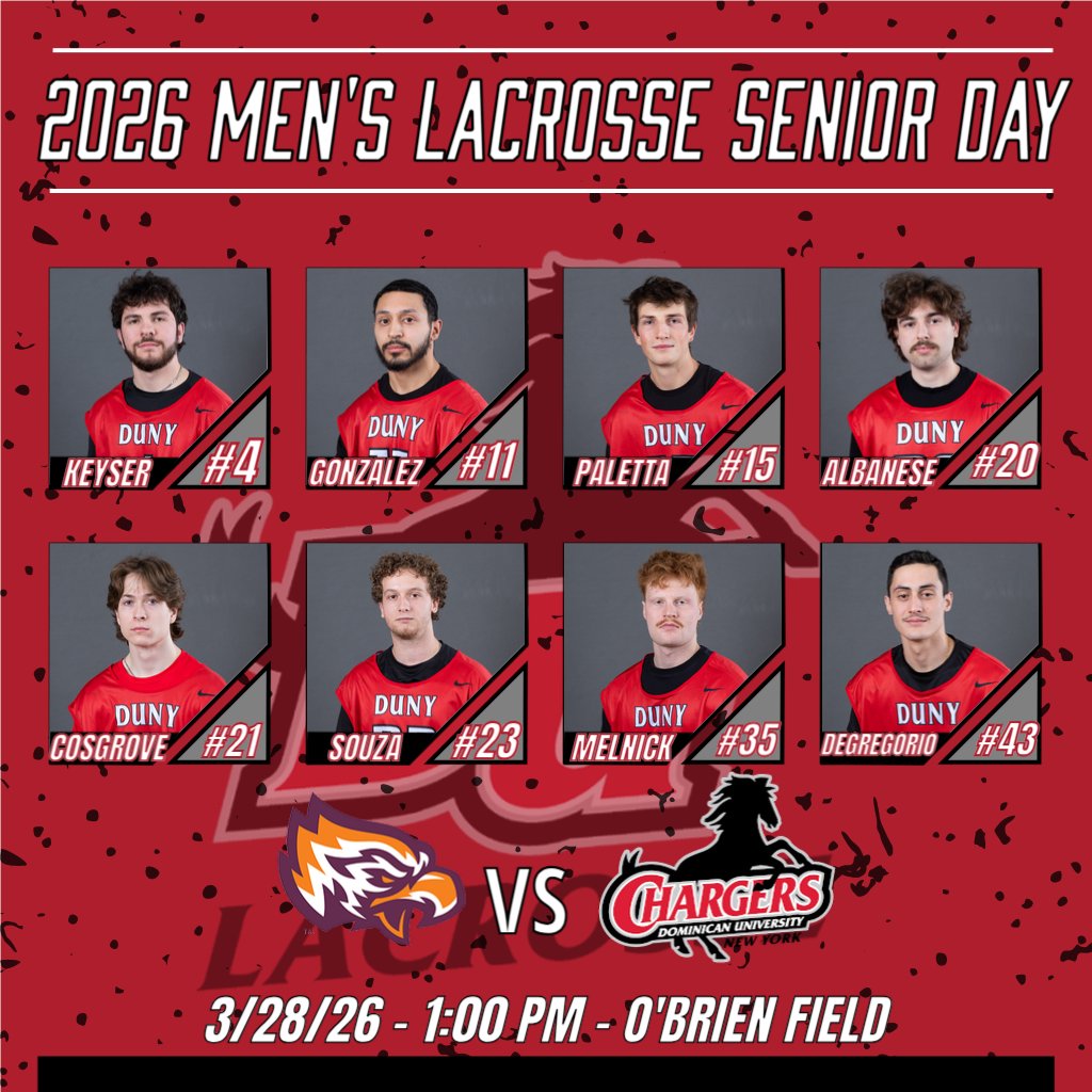 Men's Lacrosse Gameday
Senior Day VS Post University 1:00 PM
Seniors: #4 Chad Keyser, #11 Ryan Gonzalez, #15 Nick Paletta, #20 Rocco Albanese, #21 Sean Cosgrove, #23 Zachary Souza, #35 Nate Melnick, #43 Joe DeGregorio