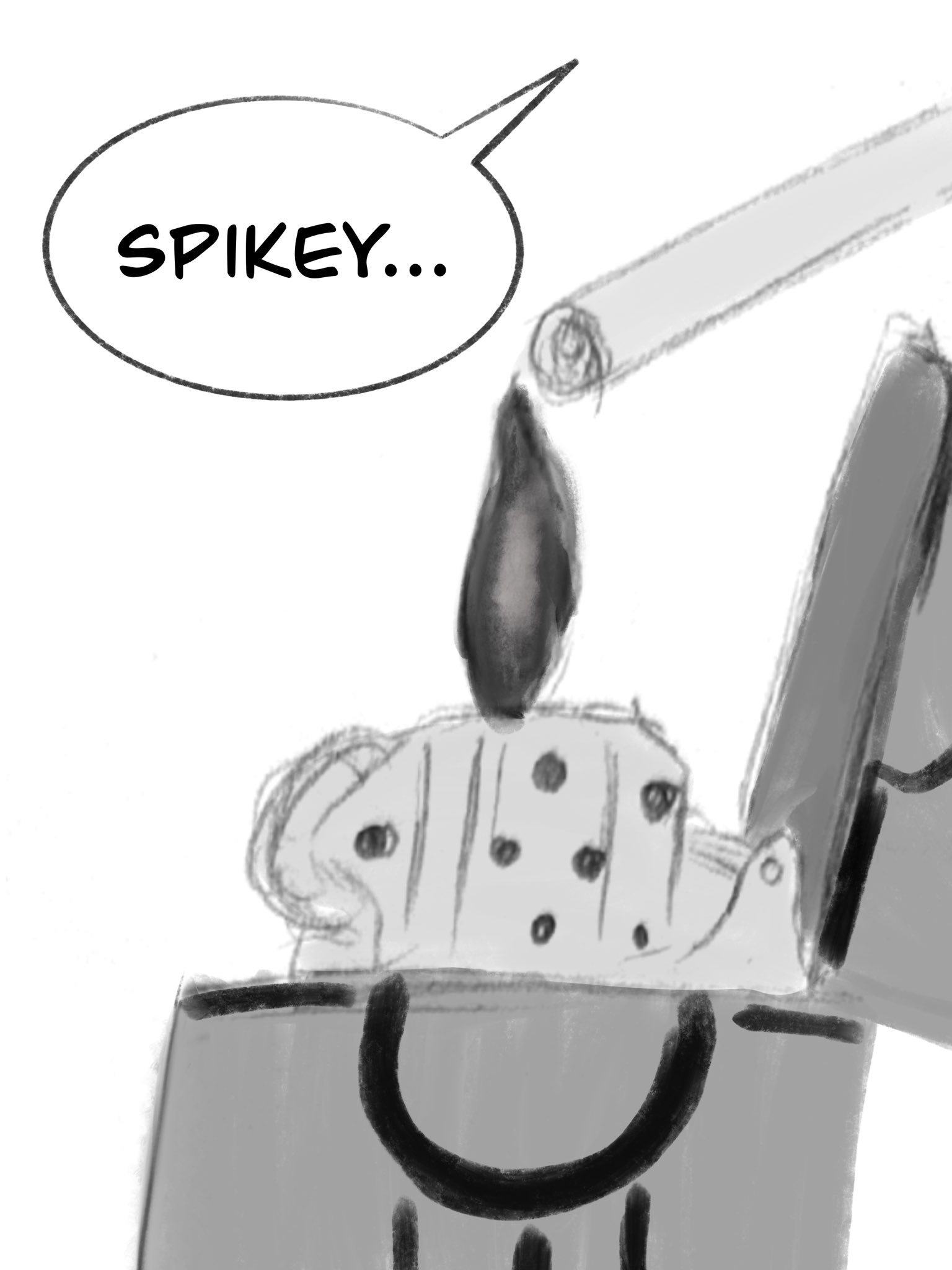 Black and white illustration of a close/up Wolfwood’s open lighter, its flame lighting up a cigarette. The speech bubble at the side reads "Spikey…"