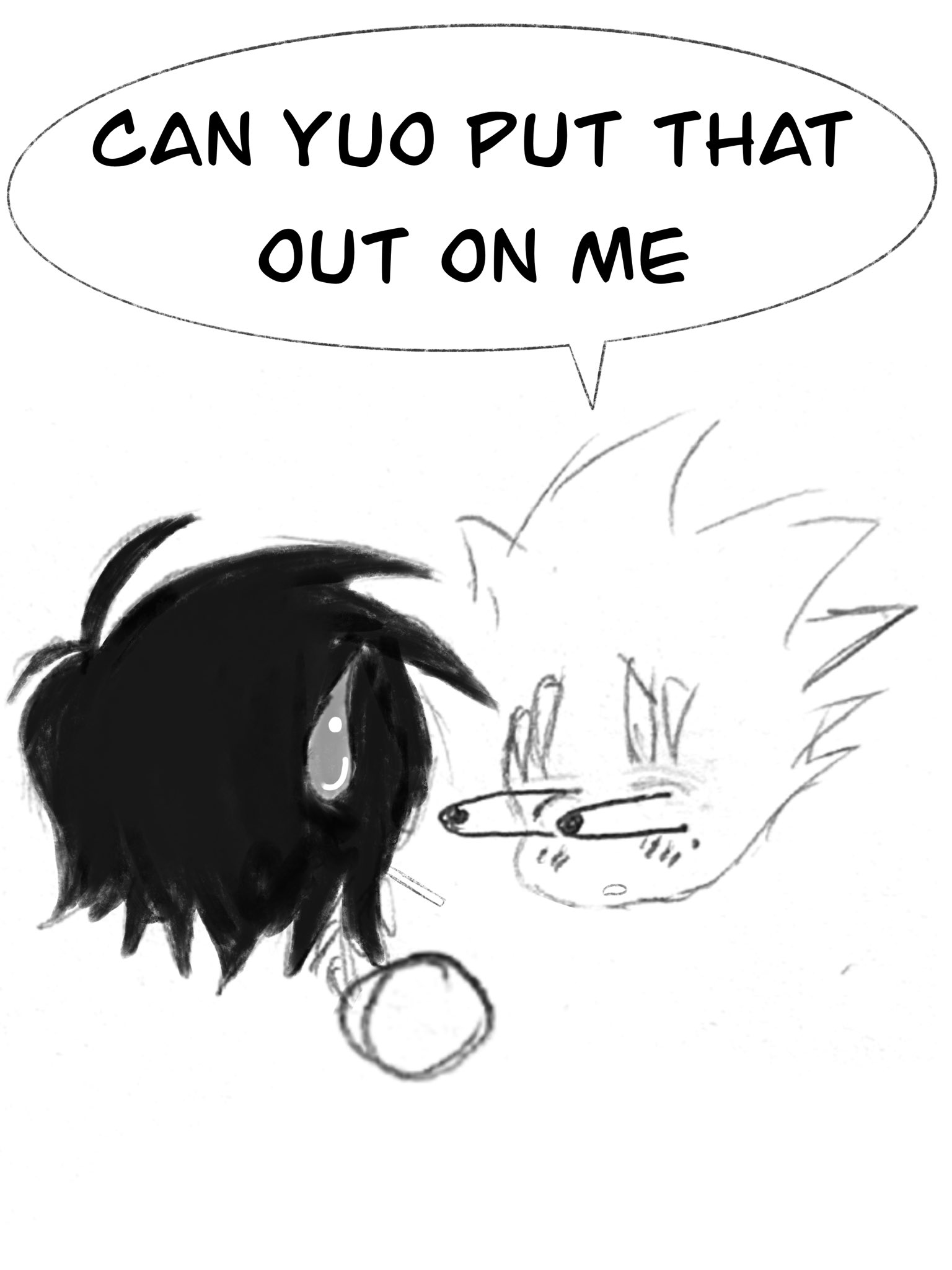 Black and white doodle of Vash and Wolfwood, in which Vash is grabbing Wolfwood by the shoulder, his eyes literally popping out and blushing, his mouth small. He says “can yuo put that out on me” while Wolfwood sweats.