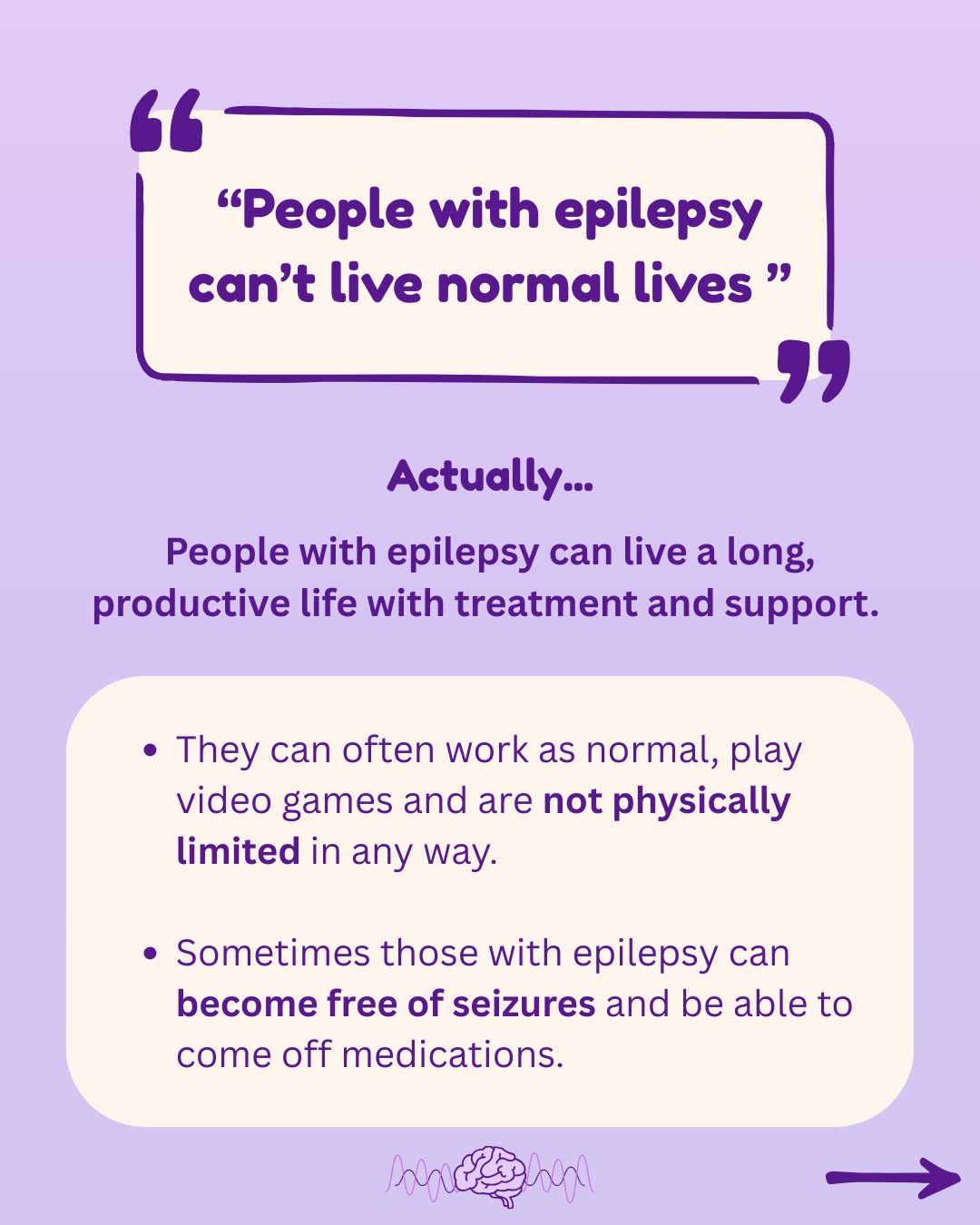 Quote saying ‘People with epilepsy can’t live normal lives.’ Discusses how people with epilepsy can live a long, productive life with treatment and support. Same image of brain structure with brain waves in background at the bottom of the image.