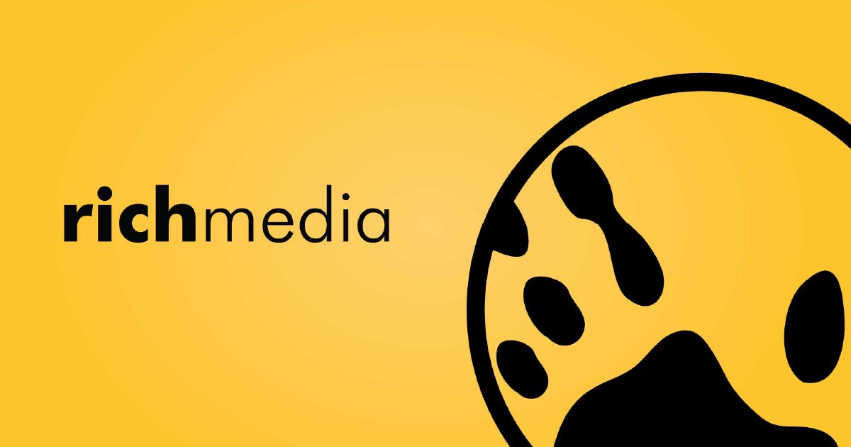 Icon of a handprint within a circle set against a yellow background. Text on the left reads "Rich Media"