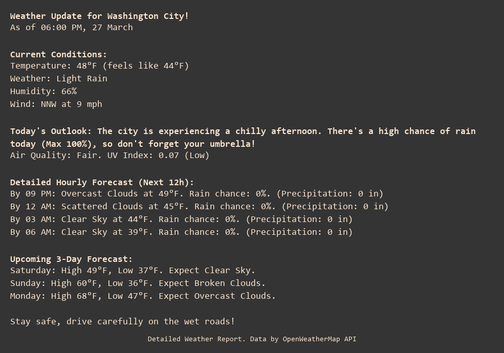 Weather Update for Washington City!
As of 06:00 PM, 27 March

Current Conditions:
Temperature: 48°F (feels like 44°F)
Weather: Light Rain
Humidity: 66%
Wind: NNW at 9 mph

Today's Outlook: The city is experiencing a chilly afternoon. There's a high chance of rain today (Max 100%), so don't forget your umbrella!
Air Quality: Fair. UV Index: 0.07 (Low)

Detailed Hourly Forecast (Next 12h):
By 09 PM: Overcast Clouds at 49°F. Rain chance: 0%. (Precipitation: 0 in)
By 12 AM: Scattered Clouds at 45°F. Rain chance: 0%. (Precipitation: 0 in)
By 03 AM: Clear Sky at 44°F. Rain chance: 0%. (Precipitation: 0 in)
By 06 AM: Clear Sky at 39°F. Rain chance: 0%. (Precipitation: 0 in)

Upcoming 3-Day Forecast:
Saturday: High 49°F, Low 37°F. Expect Clear Sky.
Sunday: High 60°F, Low 36°F. Expect Broken Clouds.
Monday: High 68°F, Low 47°F. Expect Overcast Clouds.

Stay safe, drive carefully on the wet roads!