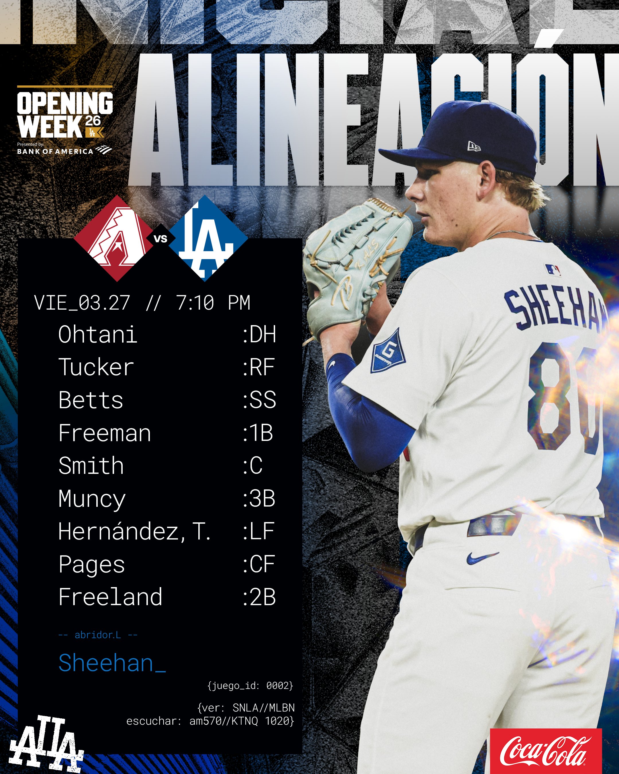 Alineación de Los Dodgers de esta noche en contra de los D-backs:

Ohtani DH
Tucker RF
Betts SS
Freeman 1B
Smith C
Muncy 3B
Hernández, T. LF
Pages CF
Freeland 2B
Sheehan P