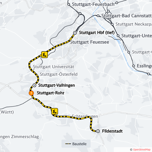 Streckenkarte zwischen Stuttgart Hauptbahnhof Tief und Filderstadt