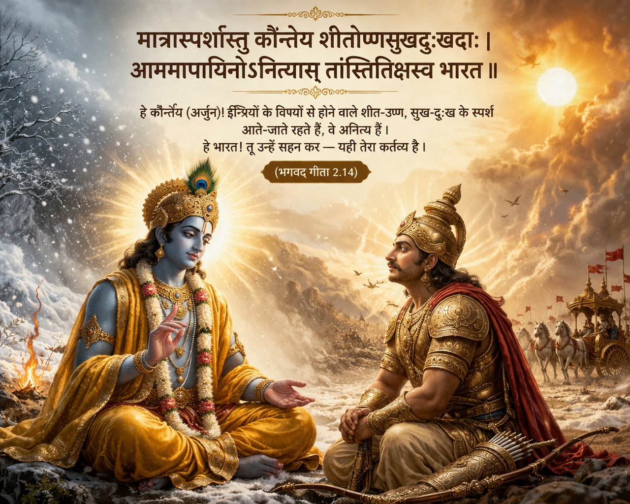 Lord Krishna guiding Arjuna on Kurukshetra battlefield, explaining Bhagavad Gita 2.14 about tolerating happiness and sorrow (Titiksha), with contrasting visuals of heat and cold symbolizing life’s changing situations.