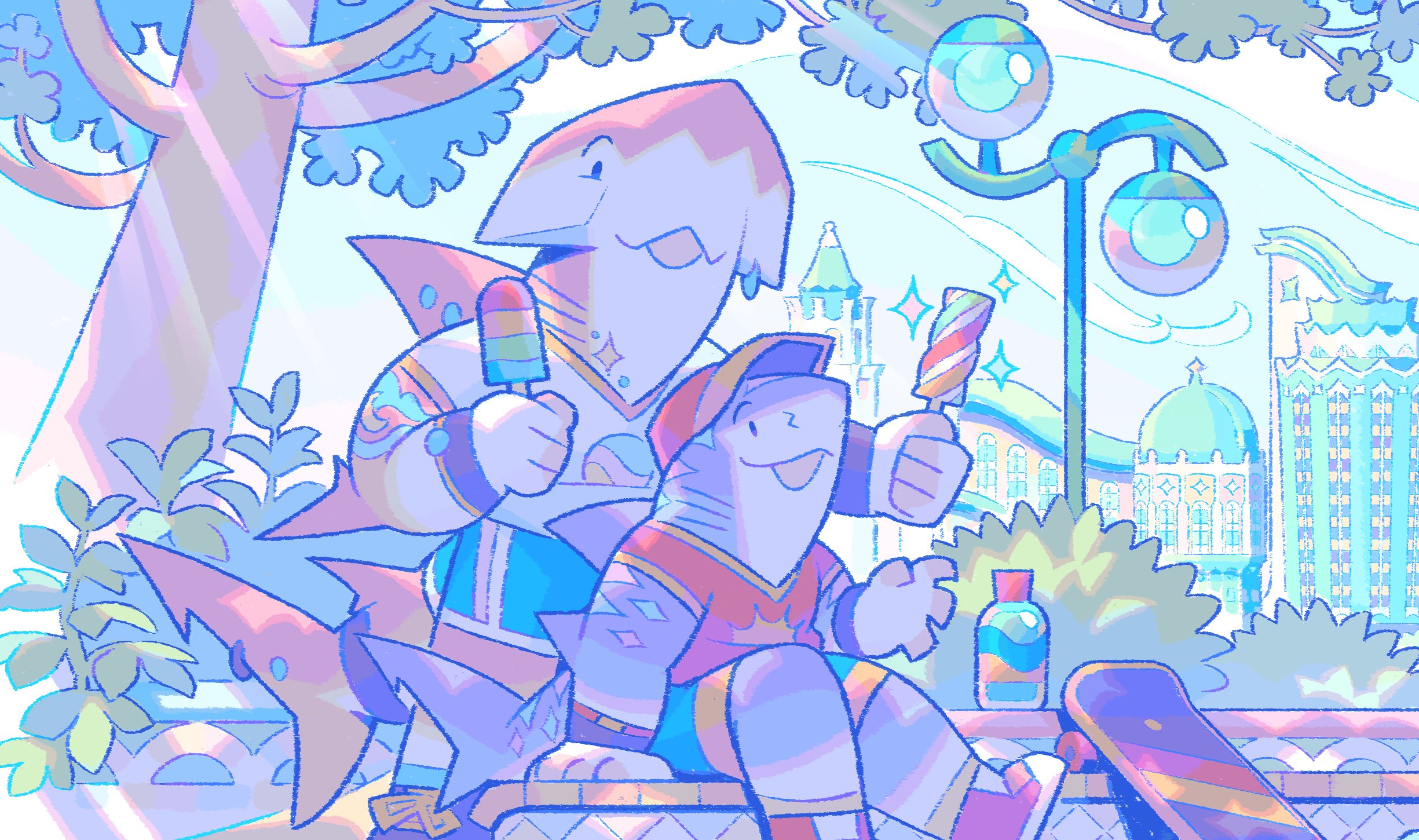 A fragment of an artwork.
Roberto, a great hammerhead shark, is offering an popsicle to his friend Tiago, a tiger shark, while they rest in the shade of a tree in a park near a beach with coastal gardens. In the distance, a pair of palm trees and the skyline of the Tidebay city can be seen.