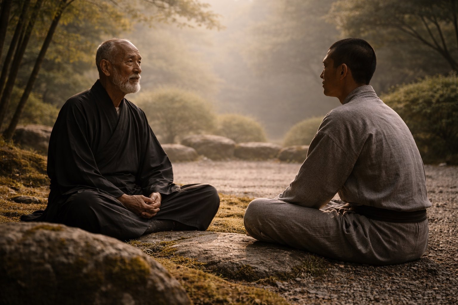 Zen-Meister und Schüler sitzen sich im stillen Garten gegenüber, umgeben von weichem Licht und ruhiger Natur.