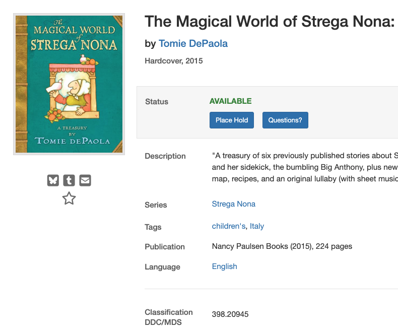 Item page for The Magical World of Strega Nona by Tomie DePaola, with a Classification DDC/MDS at the bottom displaying 398.20945