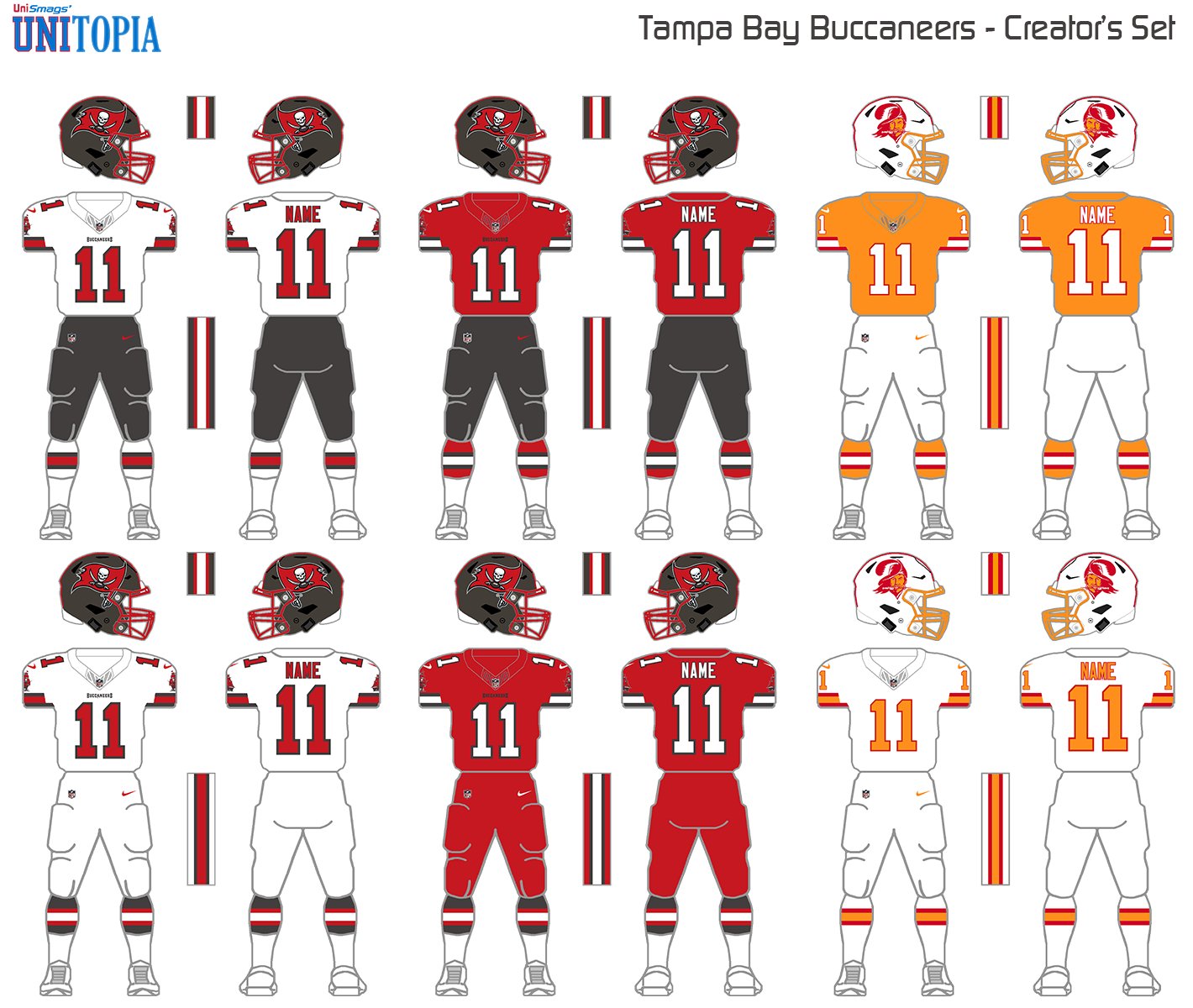 The Jolly Roger branding of 1997, then updated in 2014 and 2020, remains the centerpiece of the Buccaneers' uniforms.

The uniform changes include implementing elements from their classic Creamsicle uniforms from 1976-96. Starting with the omission of black and dark orange accents, traditional stripes are placed on the bottom of the jersey sleeves and socks, with the second pair making up an update for the pants and being added to the helmet alongside red facemasks. 

Red pants are also included as an unintentional nod to their 2017 color rush uniforms and with the intention of giving each main color equal pieces.